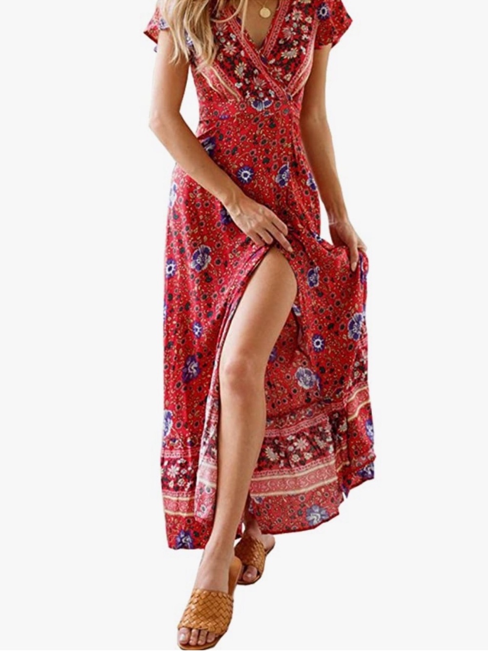 Red Maxi Wrap Dress Slit with Short Sleeves and tie belt